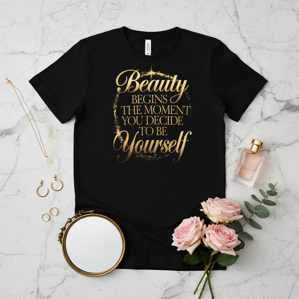 Flat lay - Beauty Begins Graphic T-Shirt