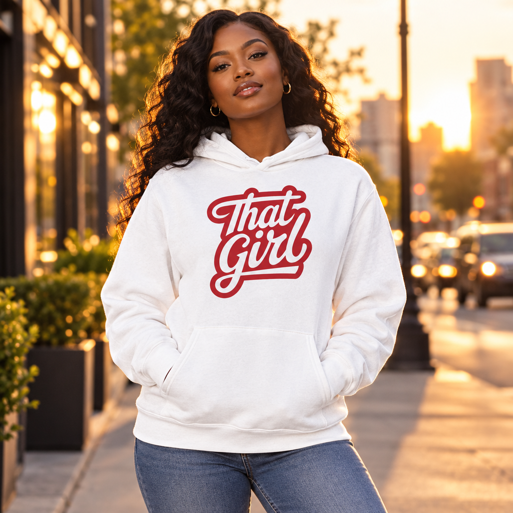 African American woman wearing white That Girl hoodie in city scene
