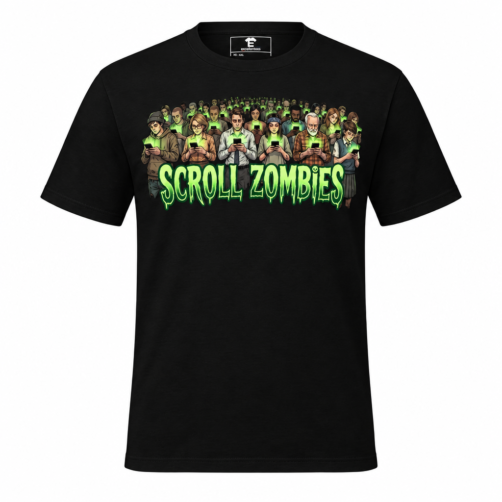 Straight-on front view of Scroll Zombies black t-shirt on white