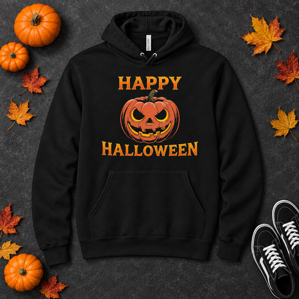 Flat lay of black Happy Halloween hoodie with autumn accessories