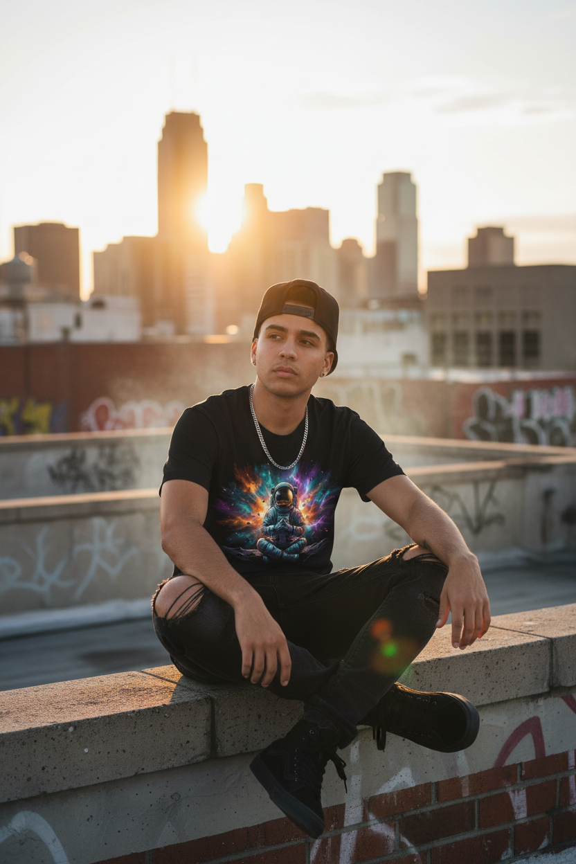 Lifestyle shot - Cosmic Zen Astronaut Graphic T-Shirt