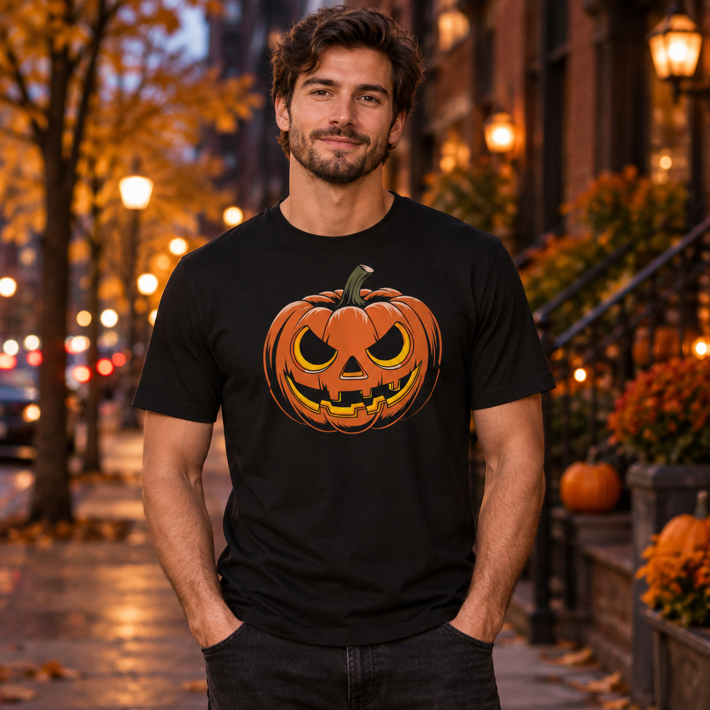 Model wearing black jack-o-lantern t-shirt in autumn city scene