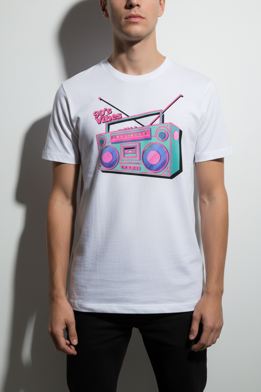 Editorial fashion shot of 90's Vibes Boombox Tee on white wall