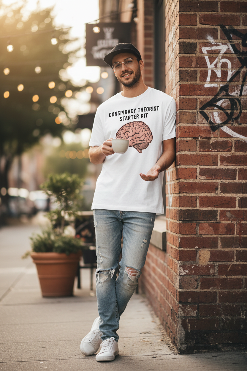 Lifestyle shot - Conspiracy Theorist Starter Kit Graphic T-Shirt