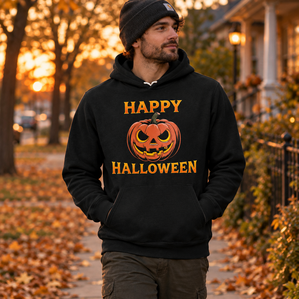 Lifestyle shot of black Happy Halloween hoodie on an autumn walk