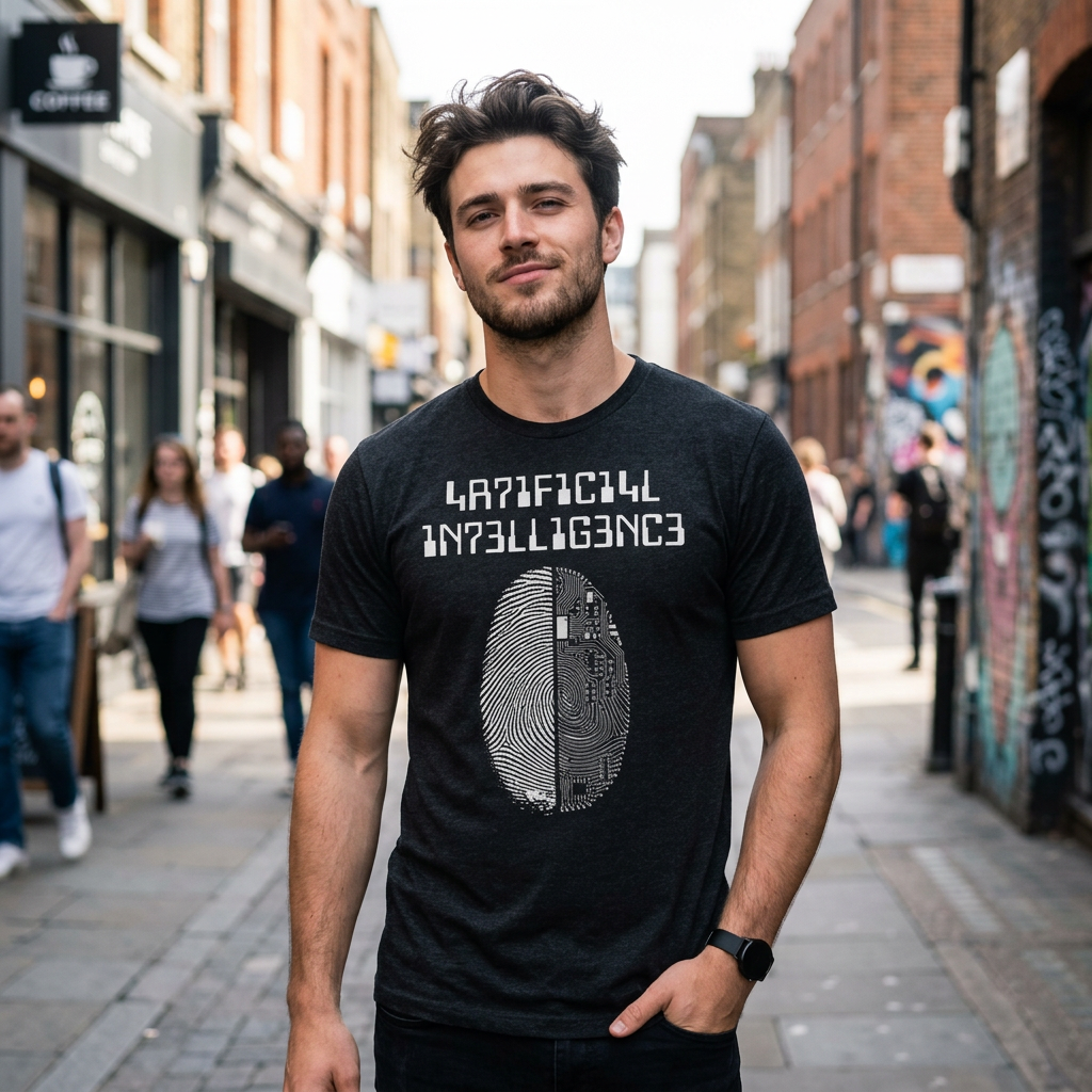Person wearing the Artificial Intelligence black heather unisex t-shirt on a city street