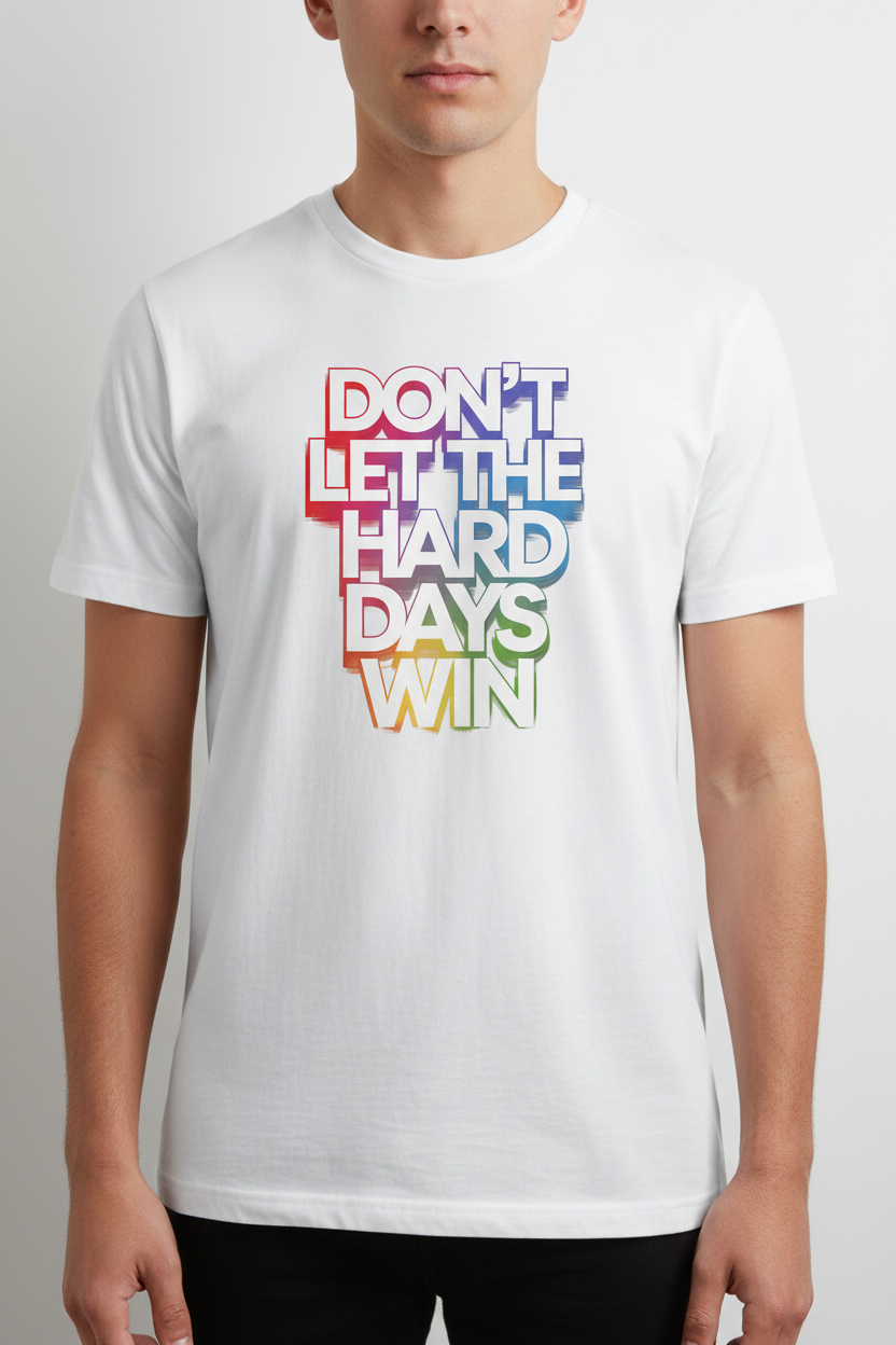 Editorial shot of Don't Let The Hard Days Win tee against white wall