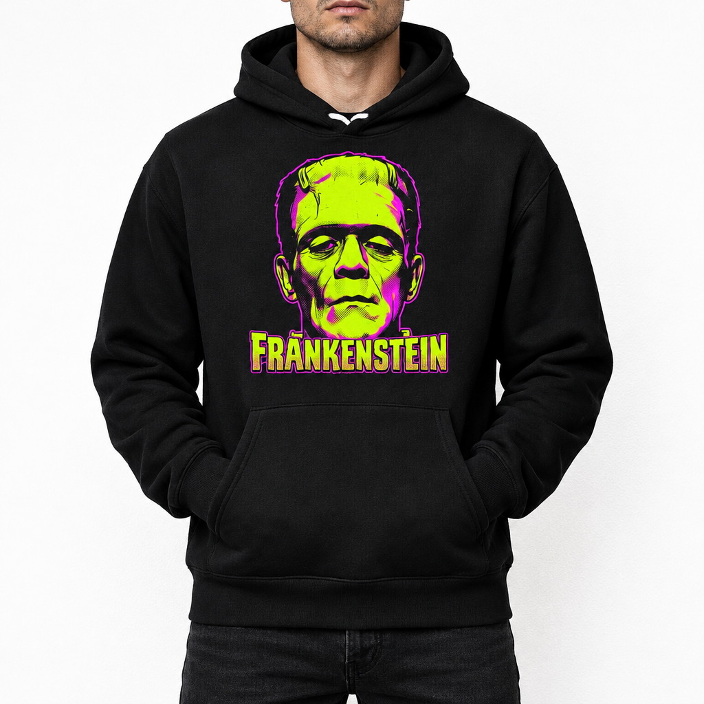 Editorial shot of black Frankenstein hoodie against a white wall