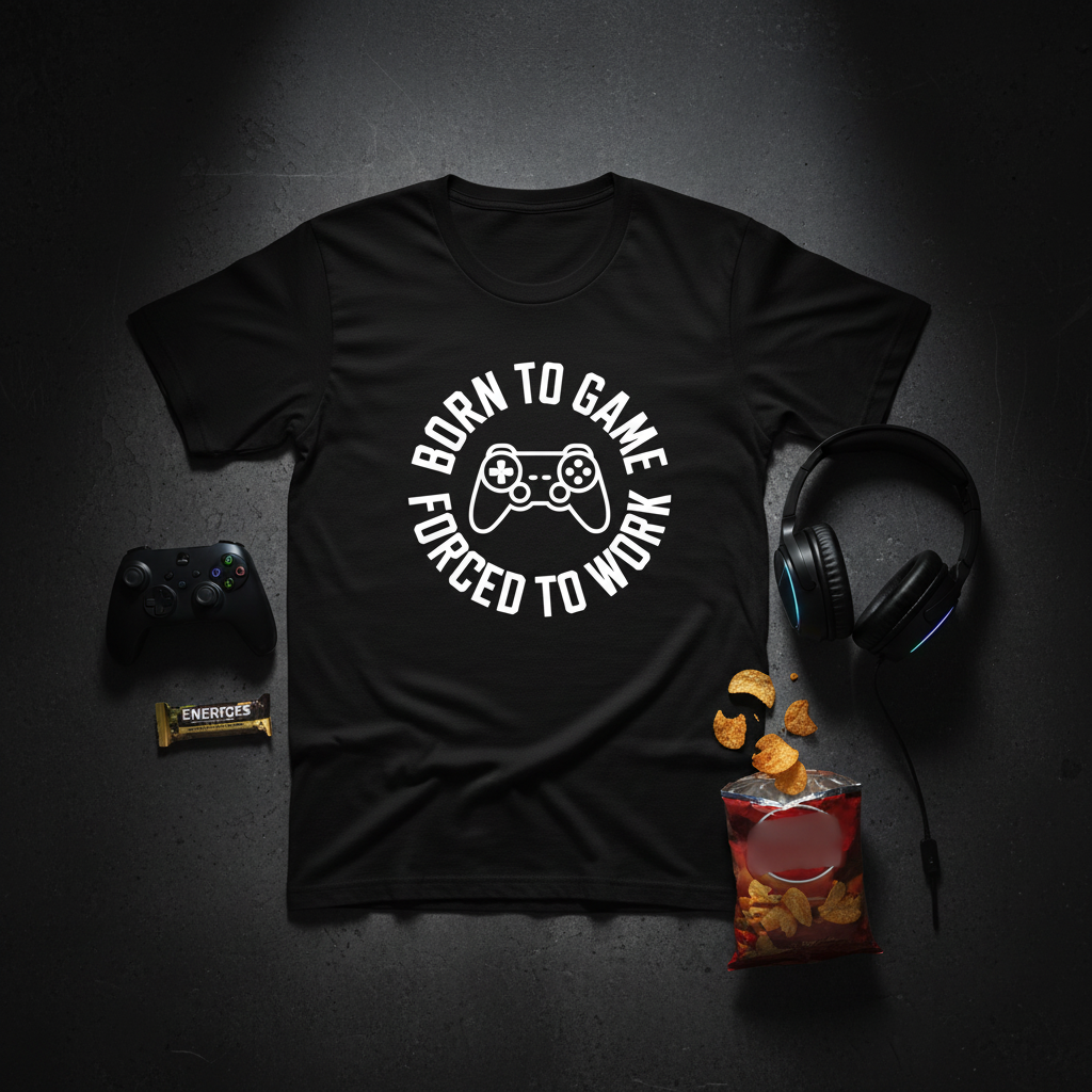 Flat lay of Born to Game Forced to Work tee with gaming accessories