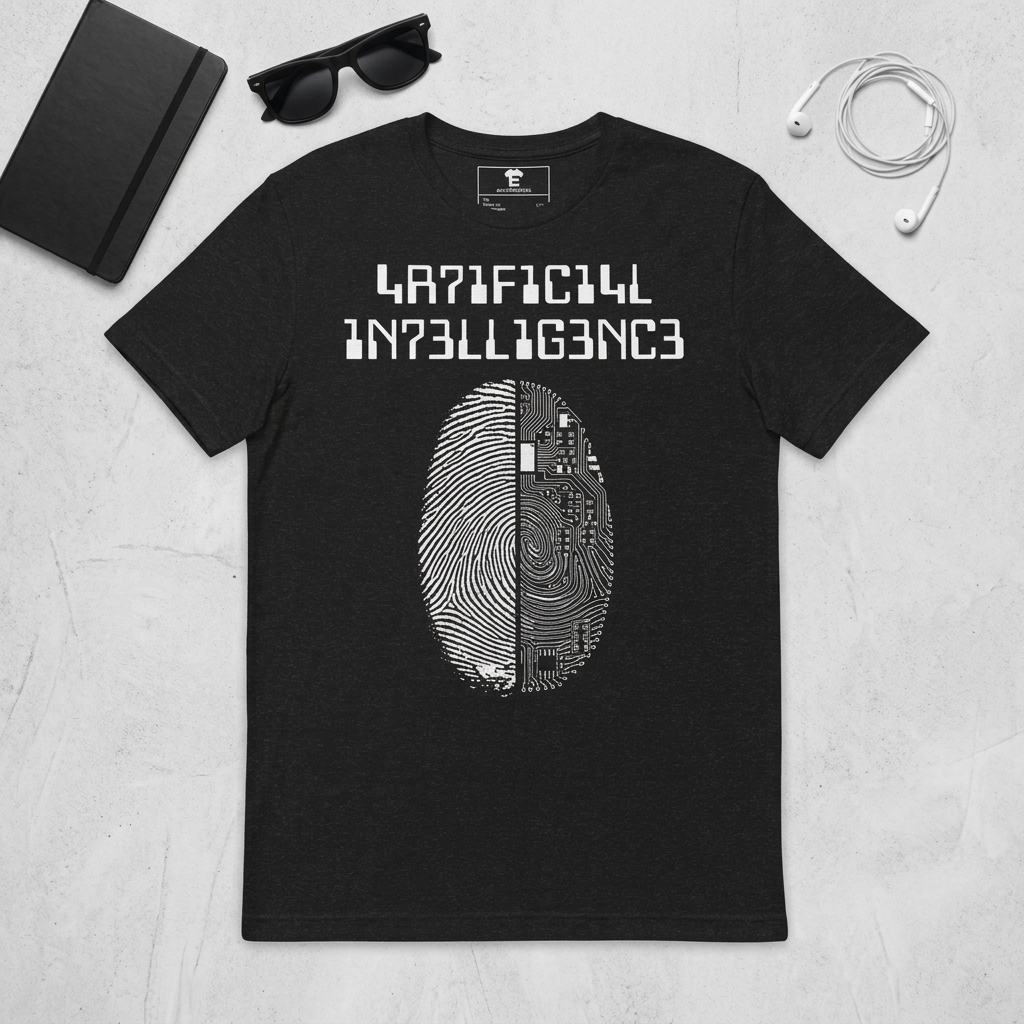 Flat lay of the Artificial Intelligence black heather unisex t-shirt with accessories