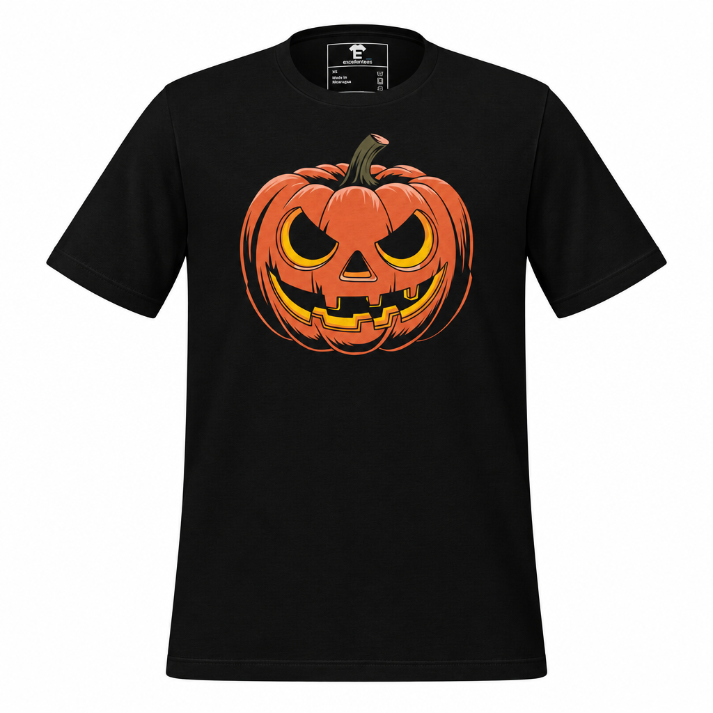 Front view of black jack-o-lantern graphic t-shirt on white