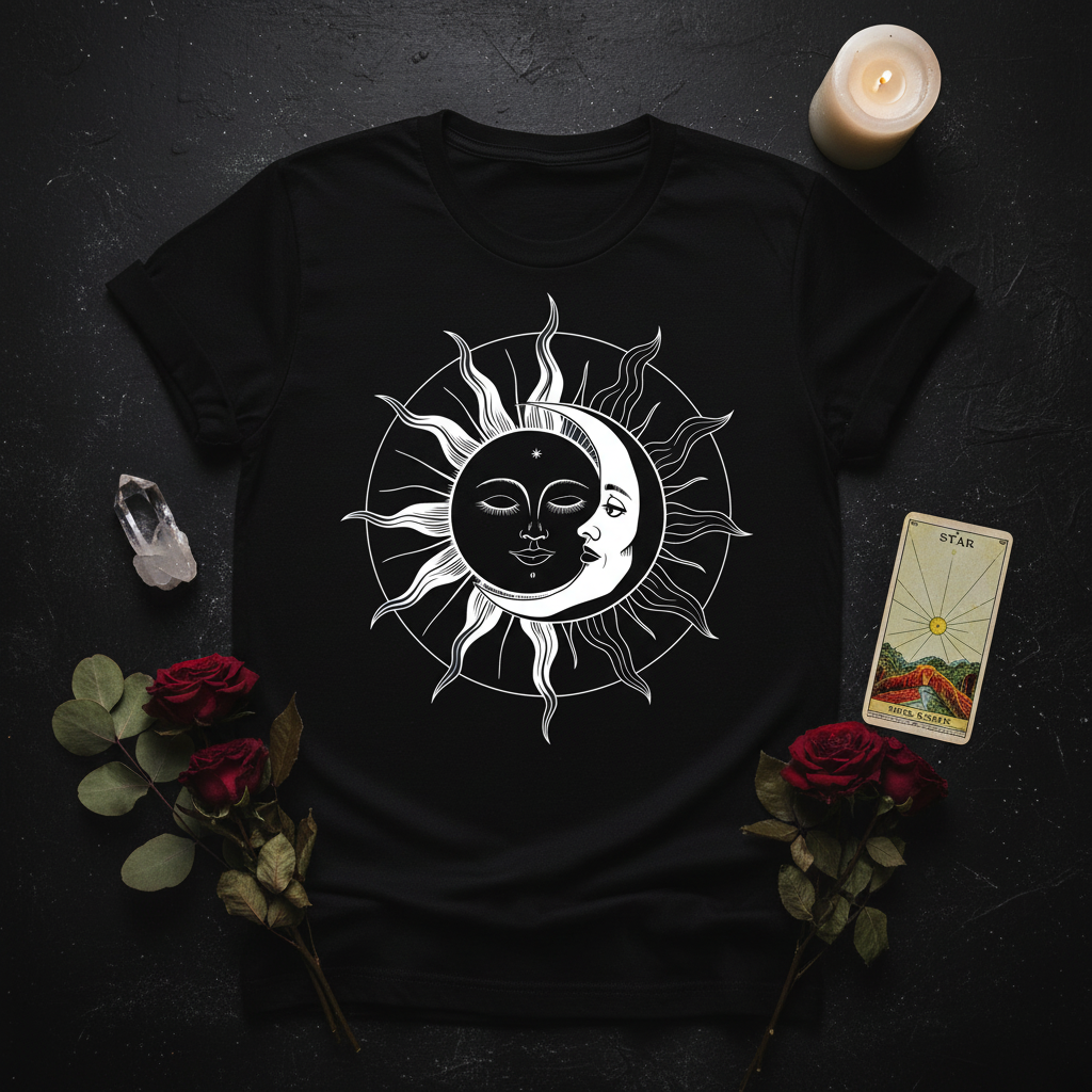 Flat lay of Celestial Sun tee with crystals, dried flowers and candle