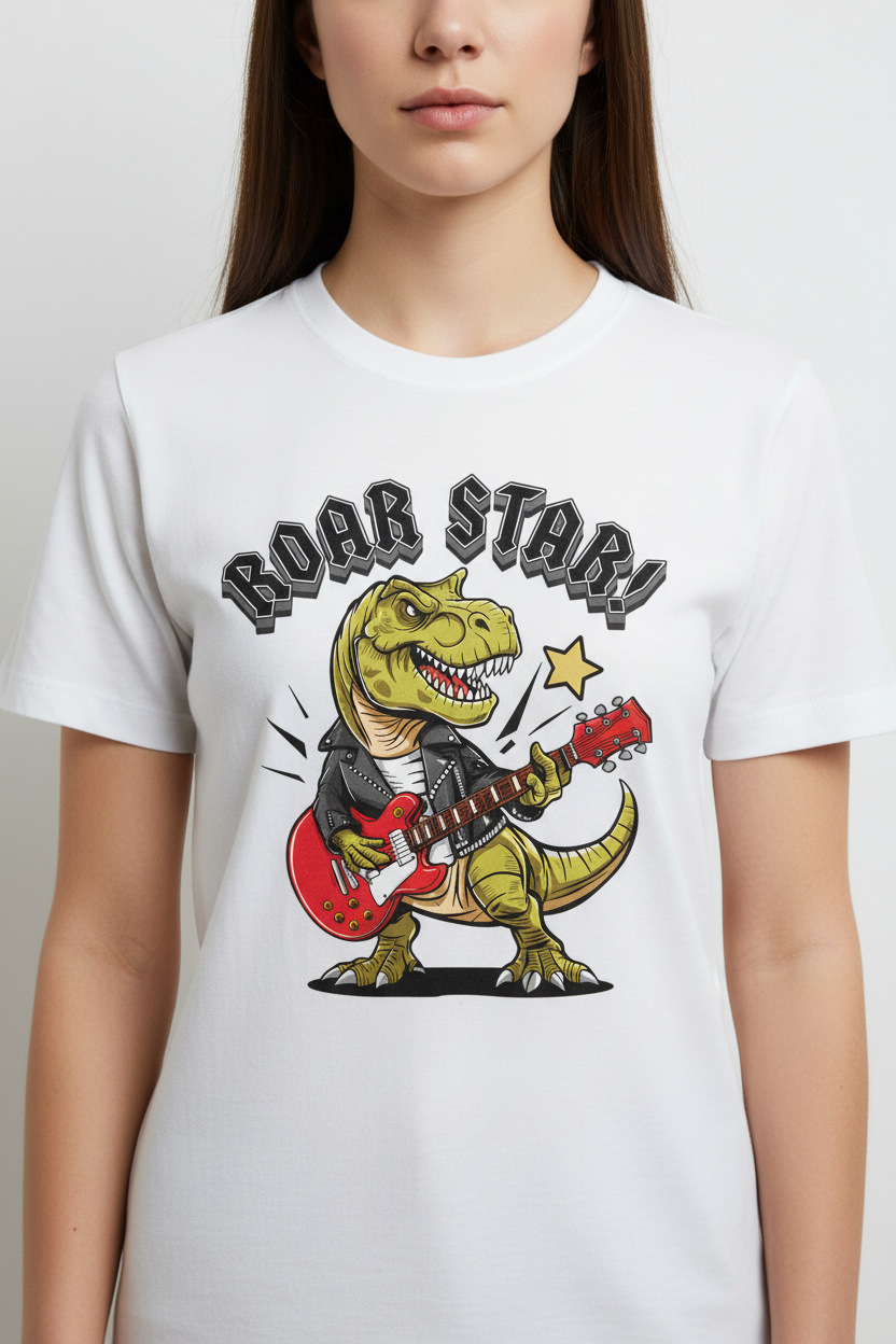 Editorial shot of Roar Star tee against white wall
