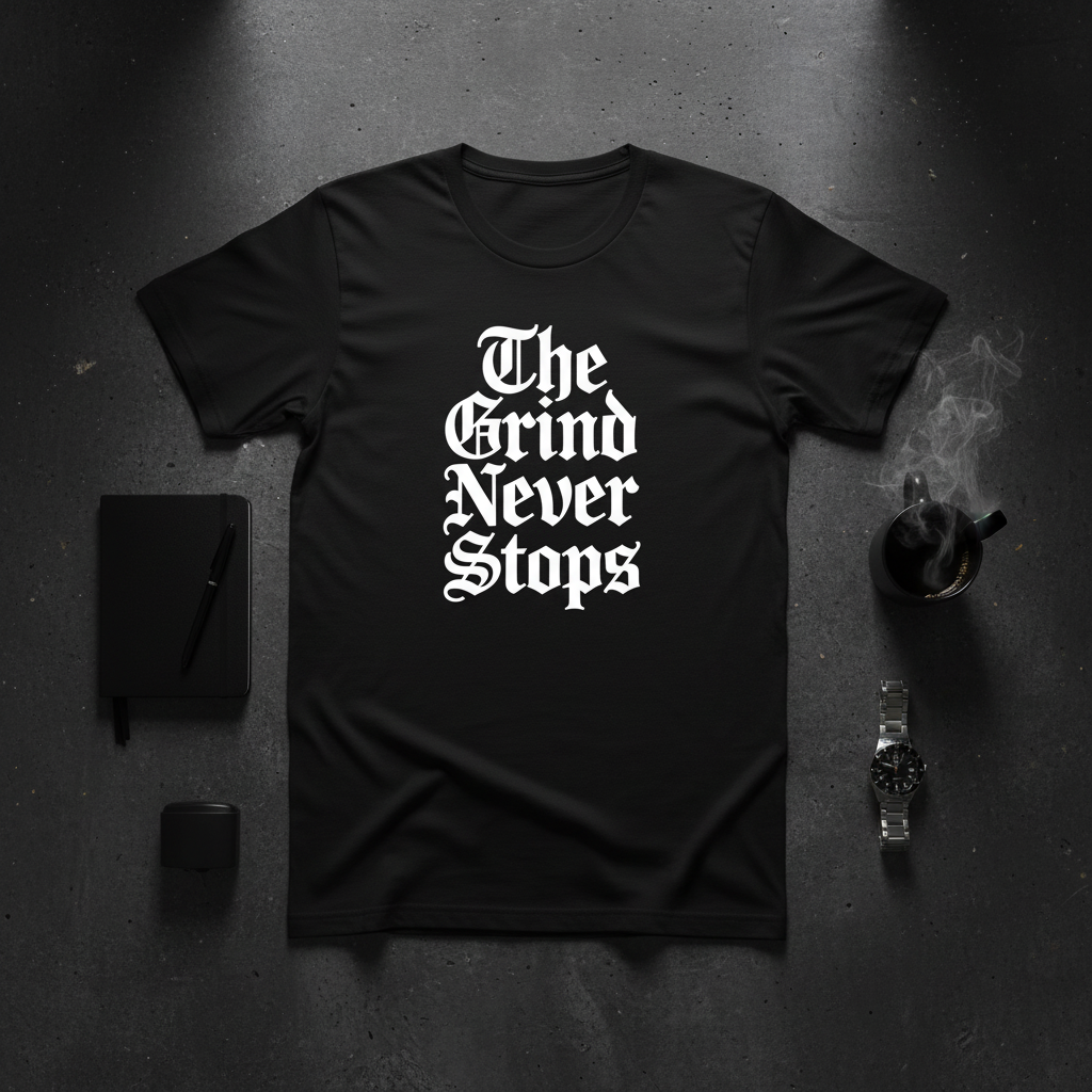 Flat lay of The Grind Never Stops black tee with hustle accessories