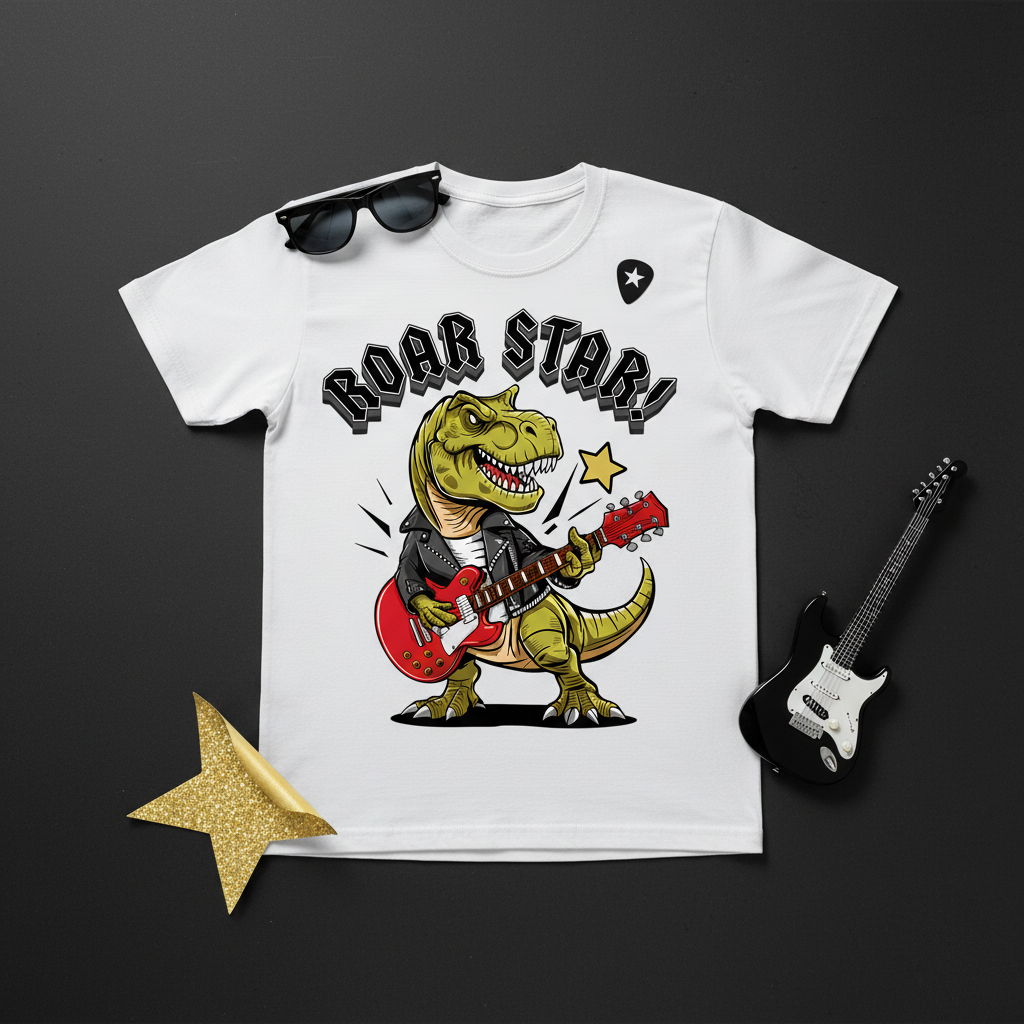 Flat lay of Roar Star tee with guitar pick, sunglasses and star sticker