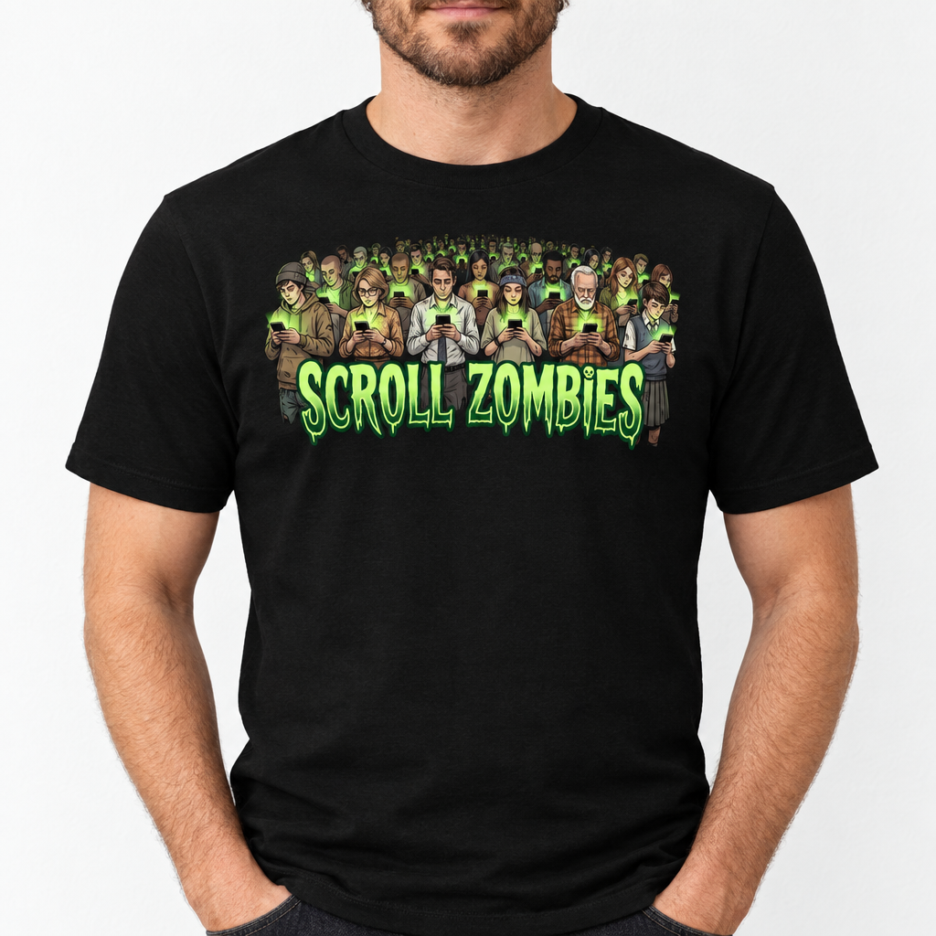 Editorial shot of model in Scroll Zombies t-shirt against a white wall