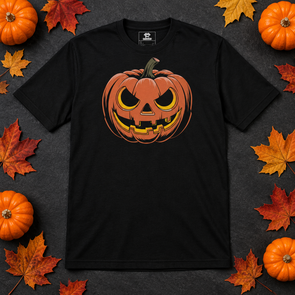 Black pumpkin graphic t-shirt laid flat with autumn accessories