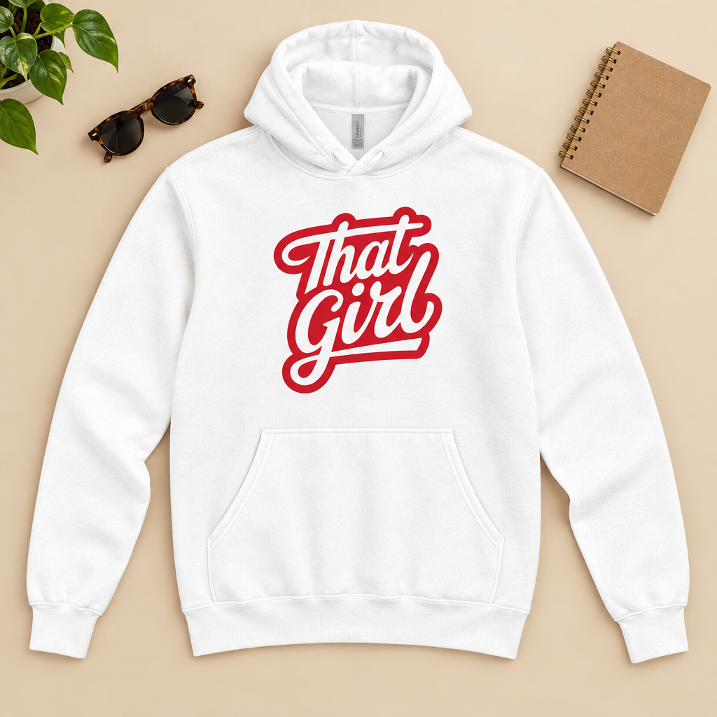 White That Girl hoodie laid flat with accessories