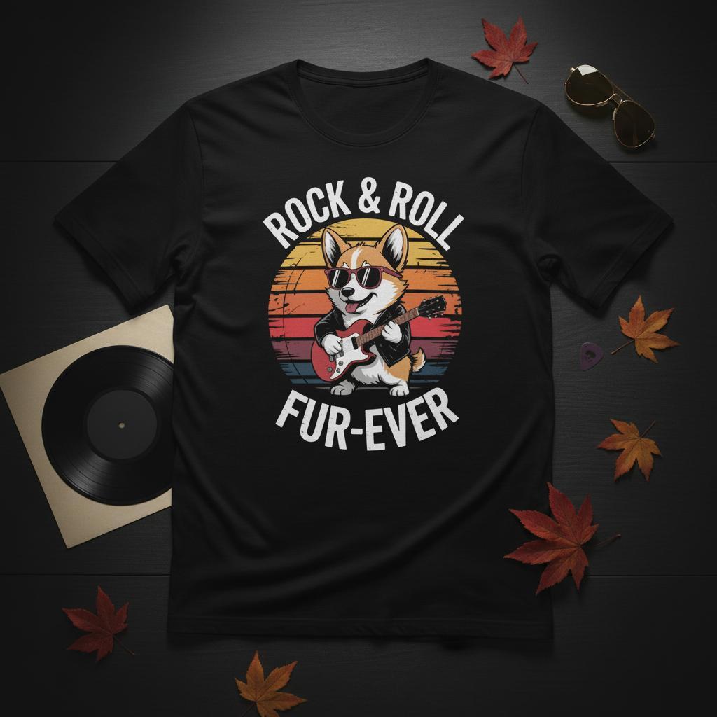 Flat lay of Rock & Roll Fur-Ever corgi tee with guitar pick and sunglasses