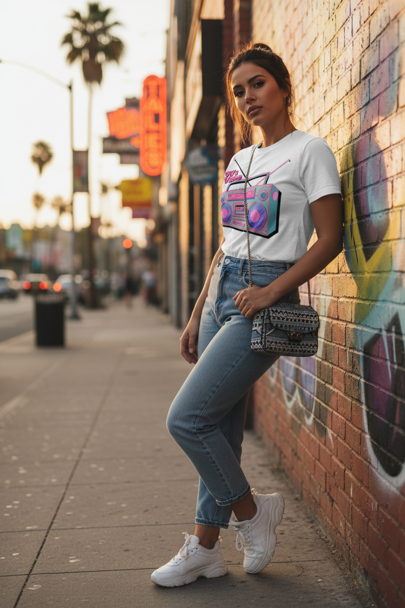 Model wearing 90's Vibes Boombox Tee in urban lifestyle setting