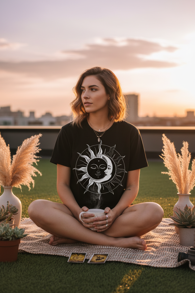 Lifestyle shot of Celestial Sun tee worn outdoors in golden hour light