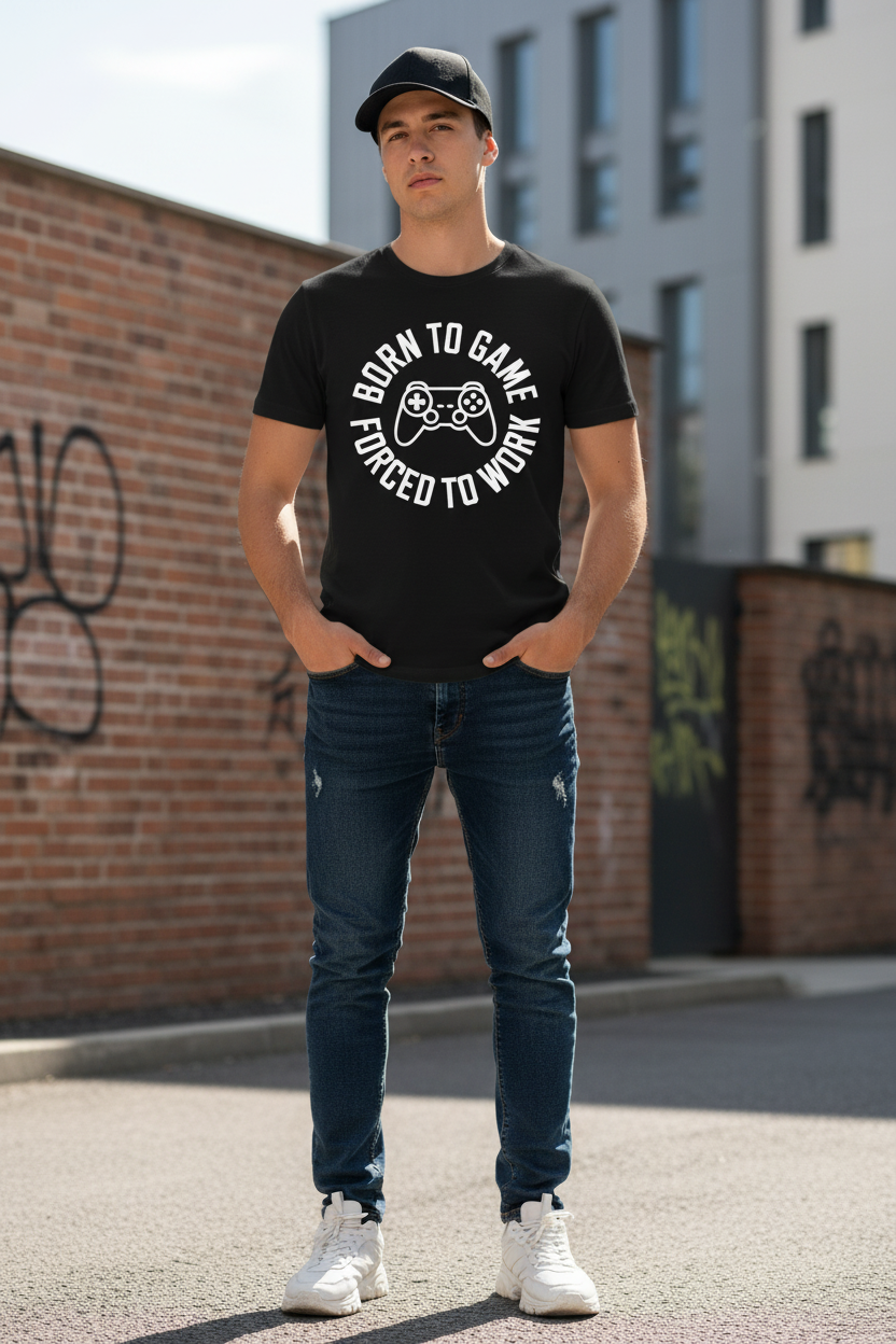 Model wearing Born to Game Forced to Work graphic tee outdoors