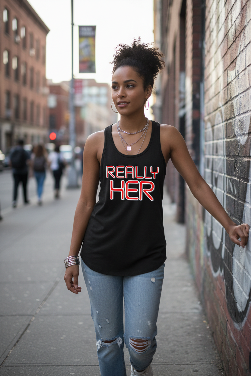 Woman wearing Really Her black racerback tank in urban lifestyle setting