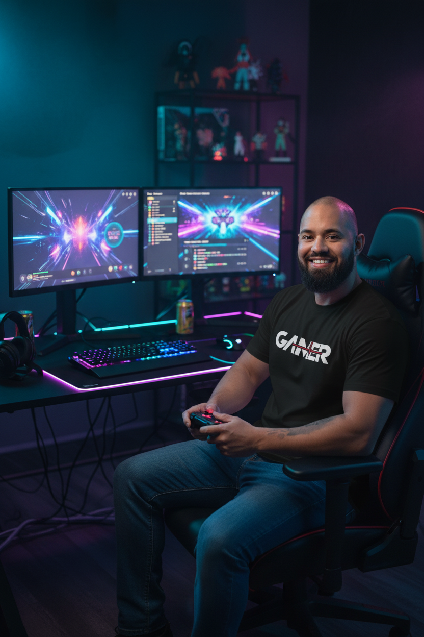 Man wearing Gamer Heartbeat tee in a gaming setup with RGB lighting