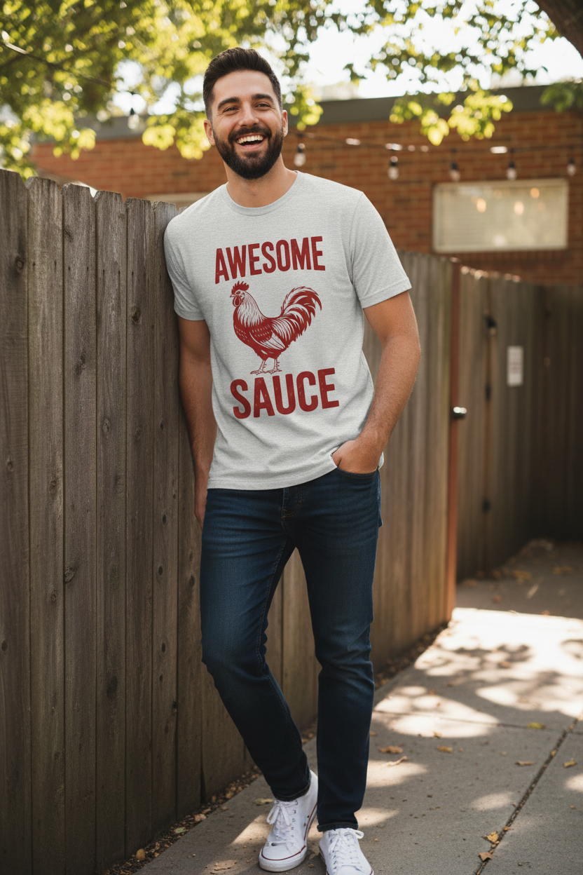 Awesome Sauce tee lifestyle shot – man outdoors