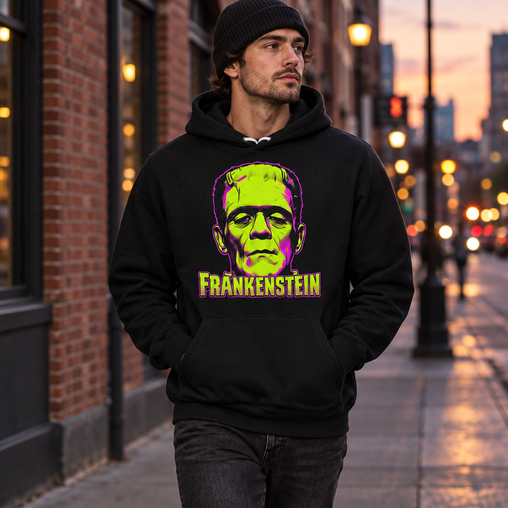 Lifestyle shot of black Frankenstein hoodie with neon green and magenta graphic