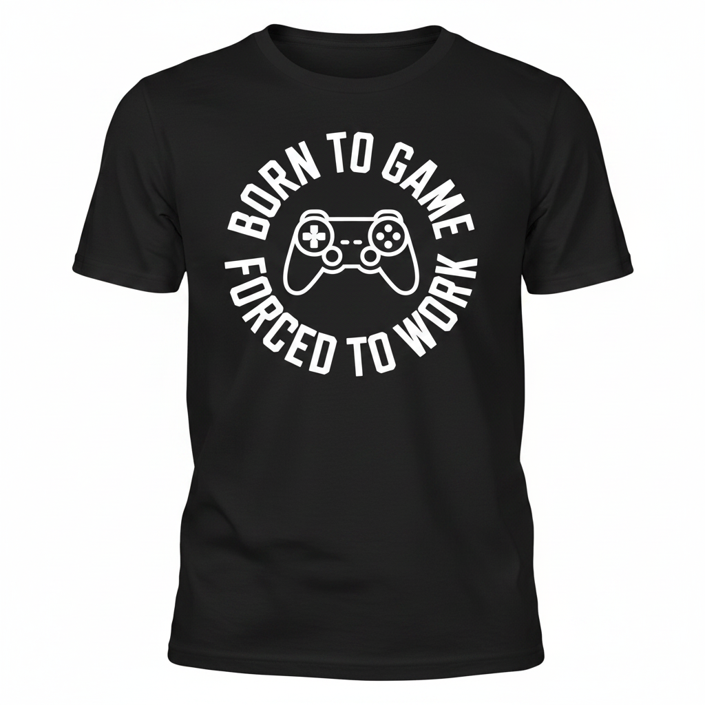 Front-facing product shot of Born to Game Forced to Work tee on white background