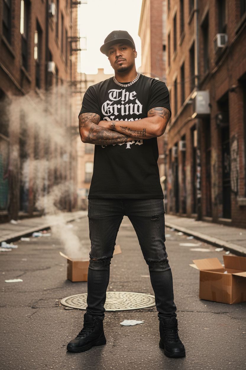 Model wearing The Grind Never Stops black tee outdoors