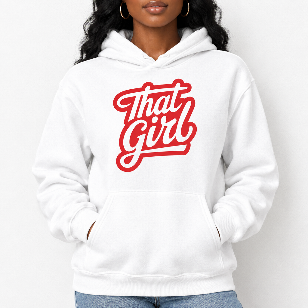 African American woman in That Girl hoodie against white wall