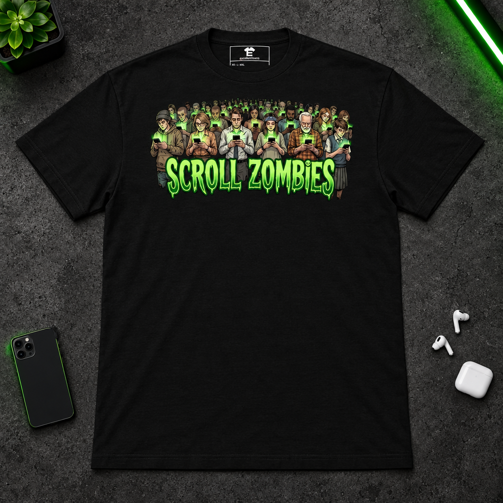 Scroll Zombies t-shirt laid flat with phone and accessories