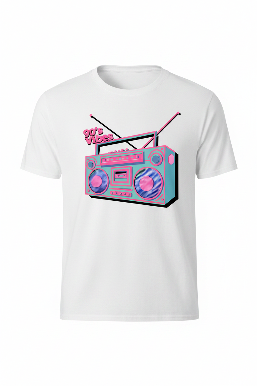 Front-facing product shot of 90's Vibes Boombox Tee on white background