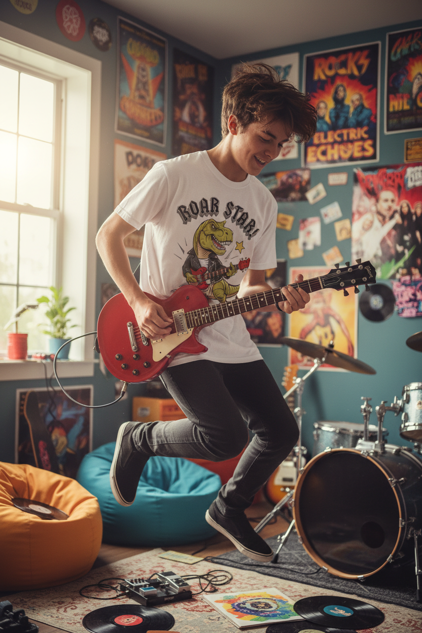 Lifestyle shot of Roar Star tee worn by a kid in a fun energetic setting