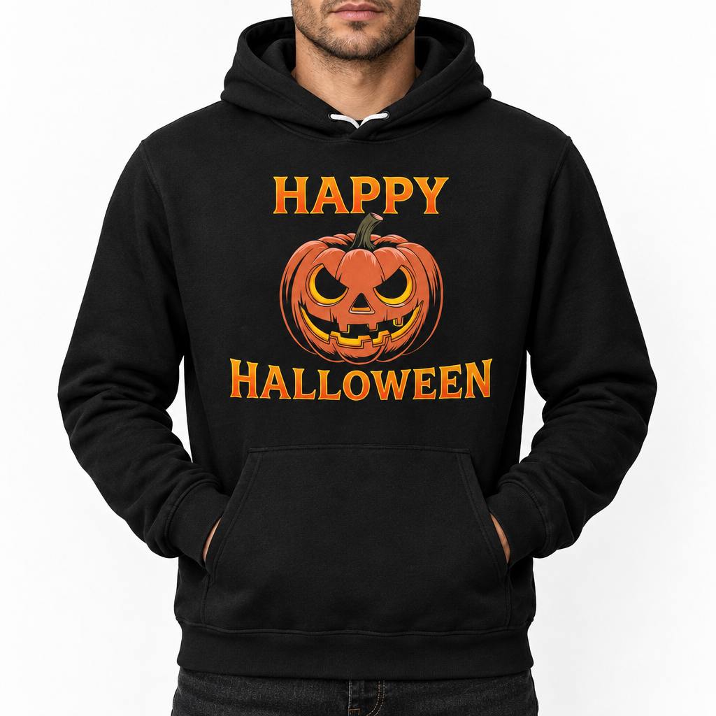 Editorial shot of black Happy Halloween hoodie against a white wall