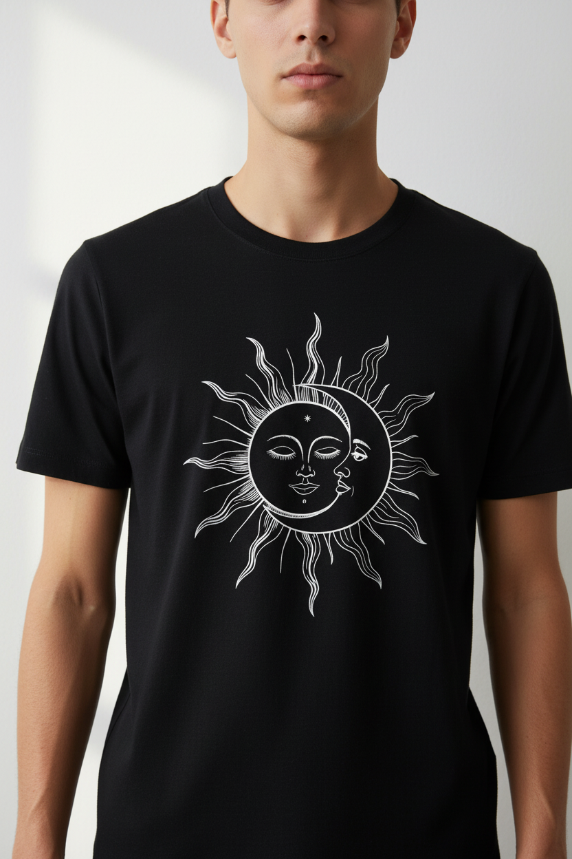 Editorial shot of Celestial Sun tee against white wall