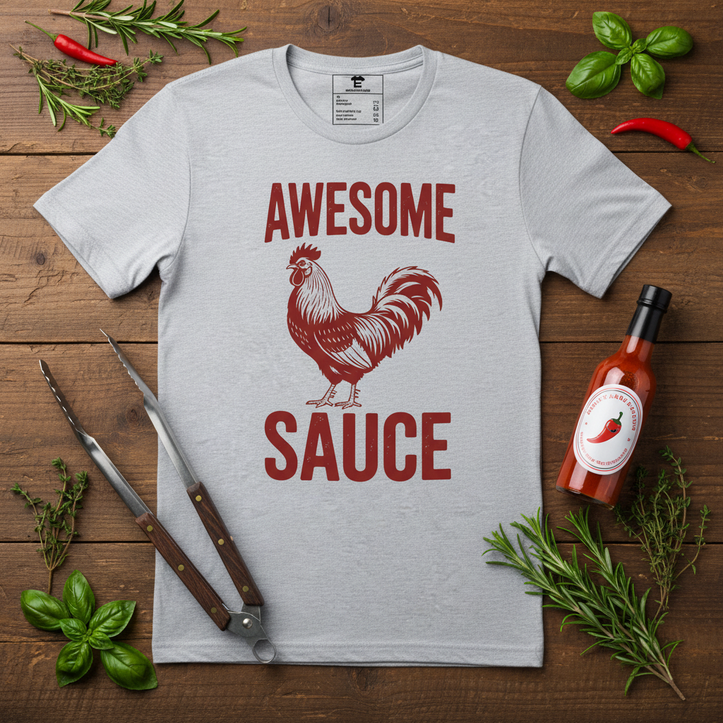 Awesome Sauce tee flat lay – rustic wood bbq vibes