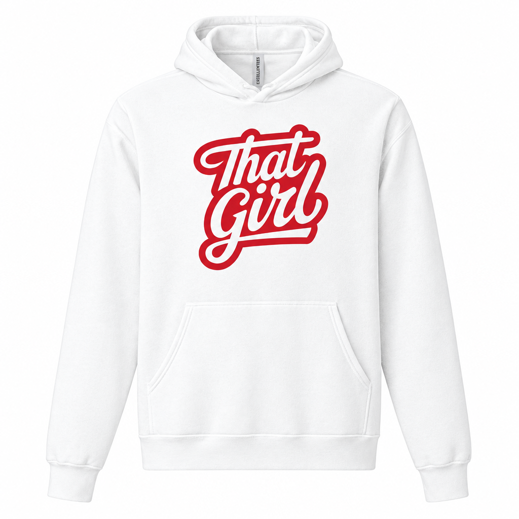 Straight-on front view of white That Girl hoodie
