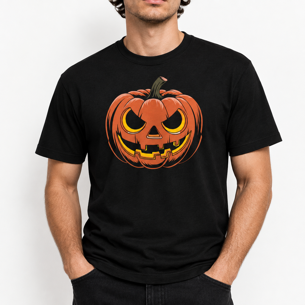 Editorial model wearing Mischief Pumpkin t-shirt against white wall