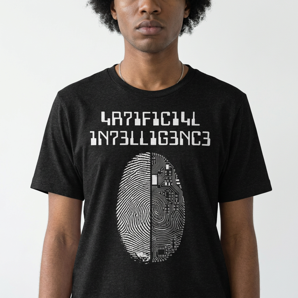 Editorial shot of a model in the Artificial Intelligence black heather unisex t-shirt against a white wall