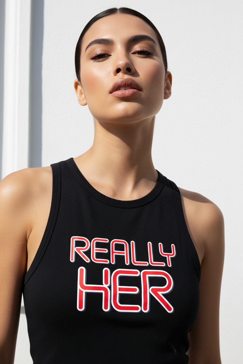 Editorial fashion shot of Really Her black racerback tank against white wall