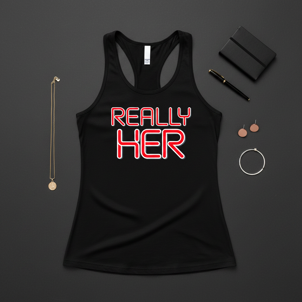 Flat lay of Really Her black racerback tank with accessories