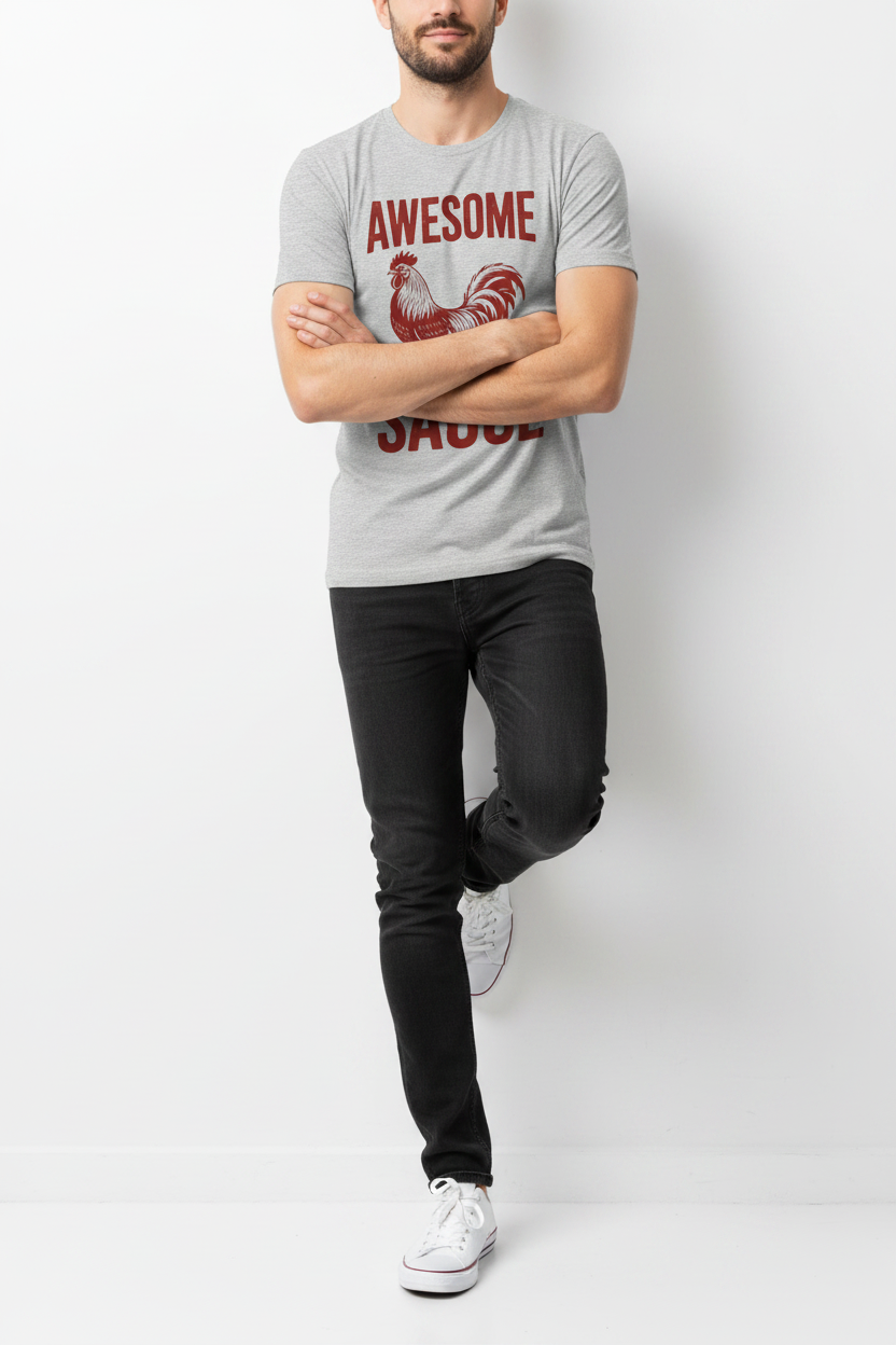 Awesome Sauce tee editorial shot – white wall