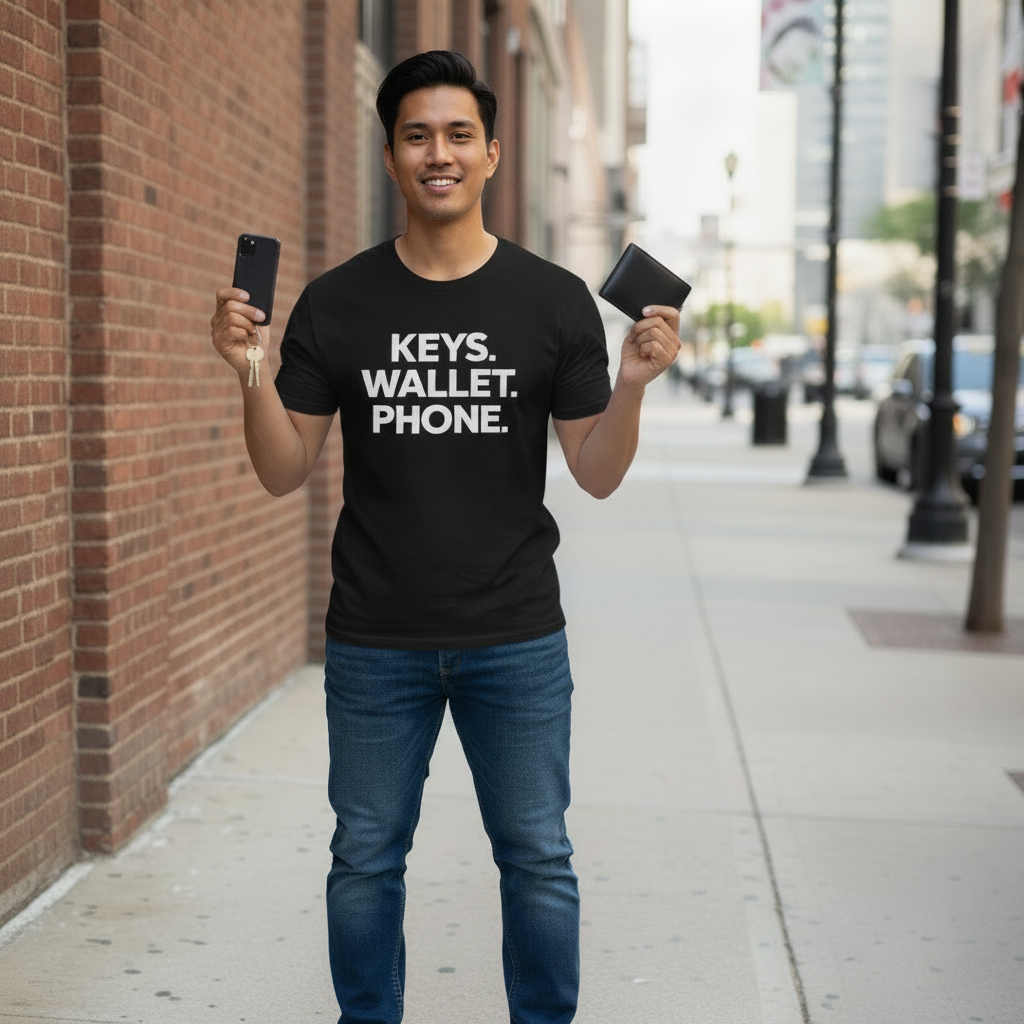 Keys. Wallet. Phone. – Graphic T-Shirt 🔑💳📱