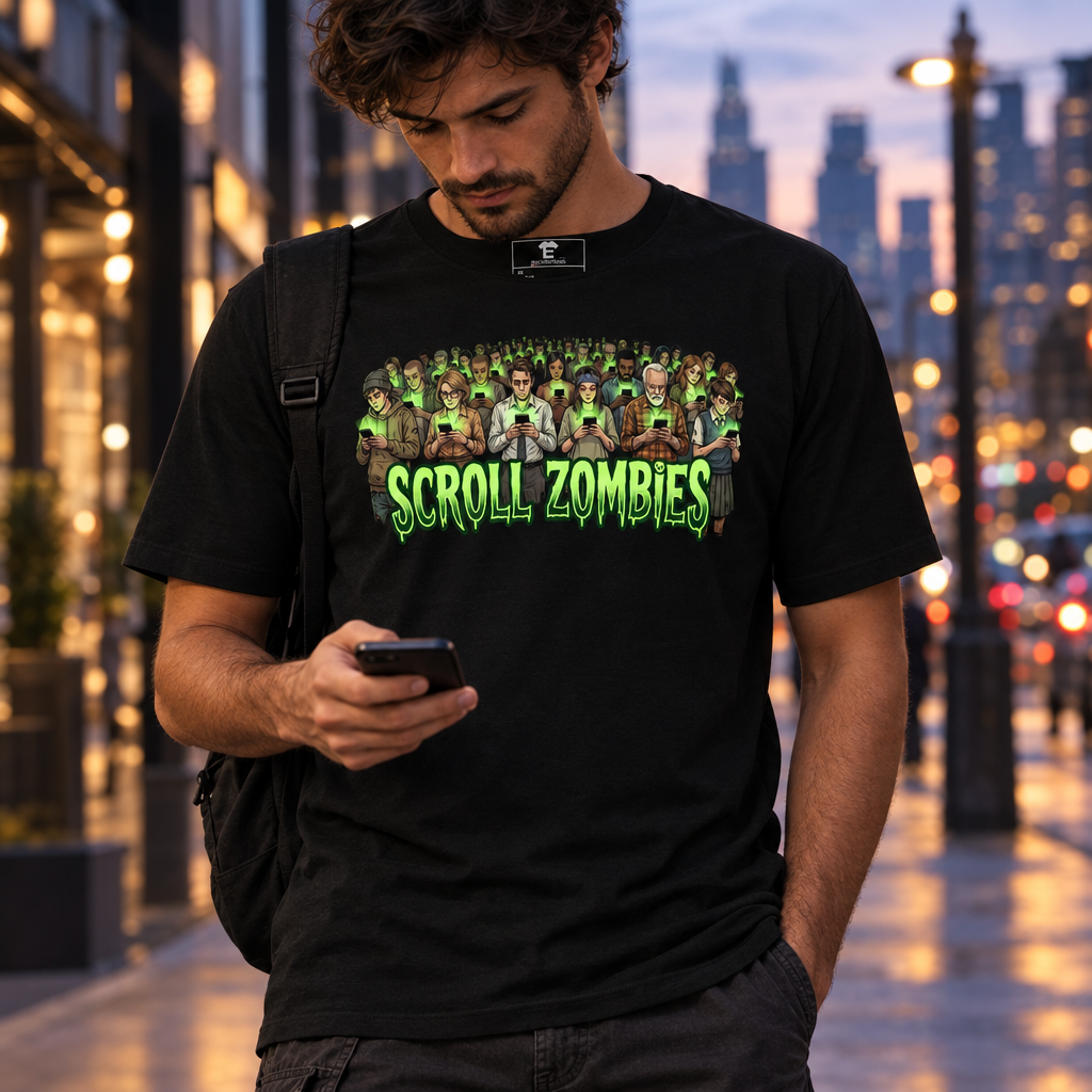 Model wearing Scroll Zombies t-shirt while scrolling on a phone